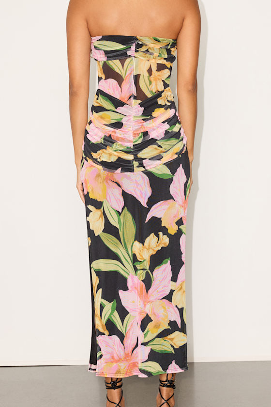 Bev Black Multi Floral Mesh Strapless Midi Dress