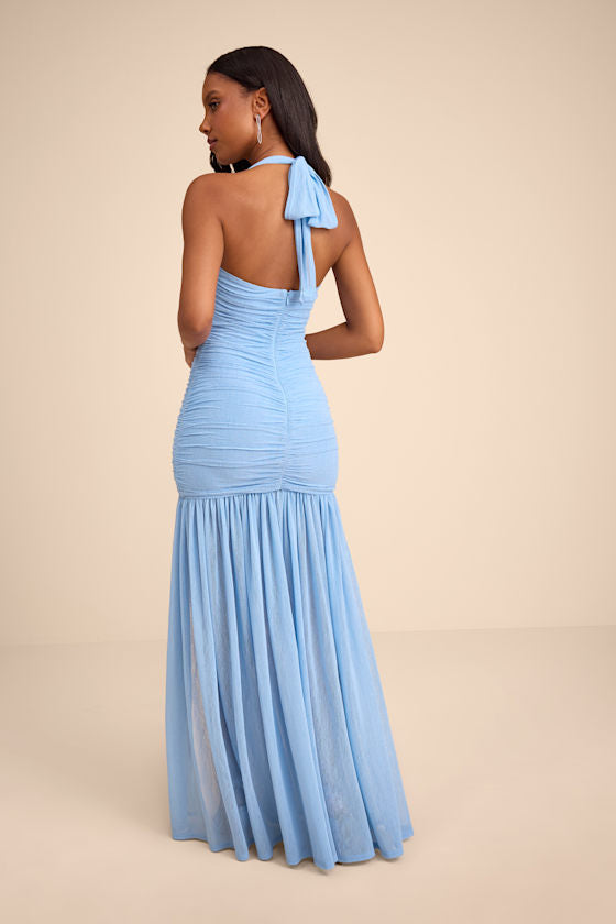 Ahana Light Blue Mesh Sheer Hem Maxi Dress