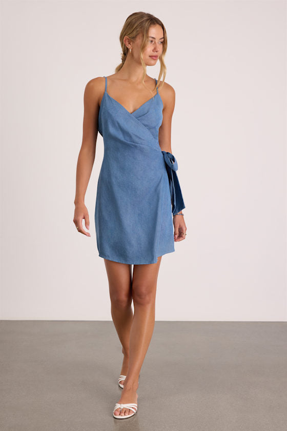 Neya Blue Chambray Wrap Mini Dress