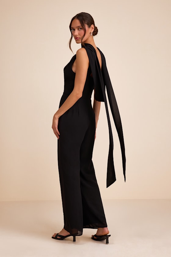 Kelila Black Cowl Neck Jumpsuit and Scarf Set