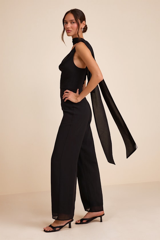 Kelila Black Cowl Neck Jumpsuit and Scarf Set