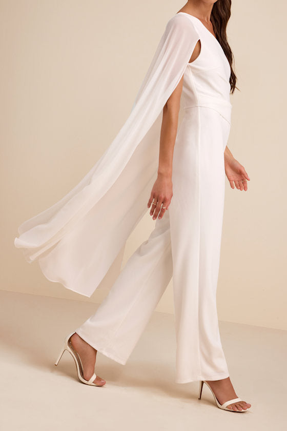 Stevie White One-Shoulder Cape Jumpsuit