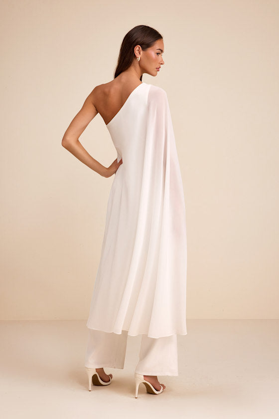 Stevie White One-Shoulder Cape Jumpsuit