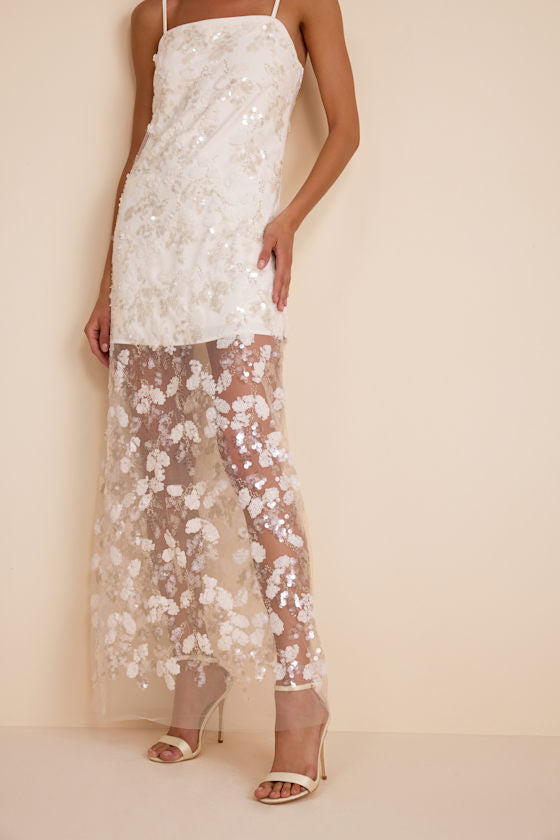Cassie White Sequin Embroidered Sheer Hem Maxi Dress