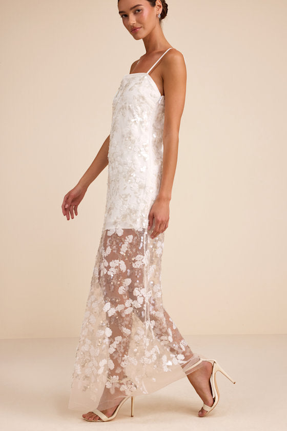 Cassie White Sequin Embroidered Sheer Hem Maxi Dress