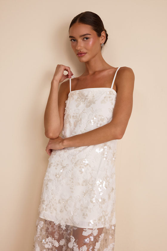 Cassie White Sequin Embroidered Sheer Hem Maxi Dress