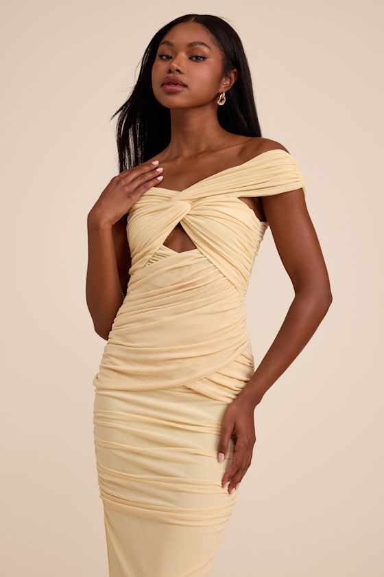 Jakaya Pale Yellow Mesh Off-the-Shoulder Maxi Dress