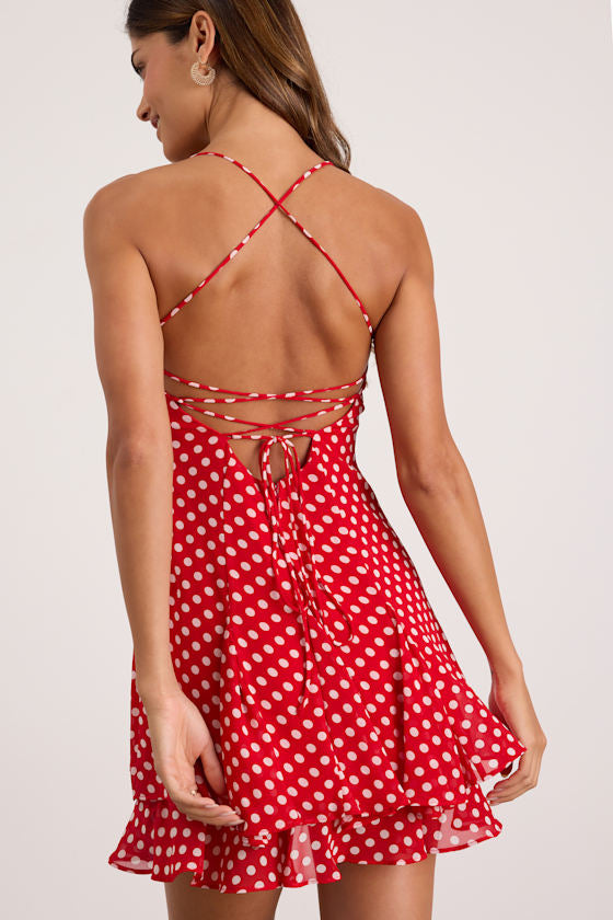 Perfected Sweetness Red Polka Dot Pleated Tiered Mini Dress