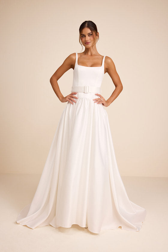 Ellington White Satin Belted Drop Waist Maxi Dress