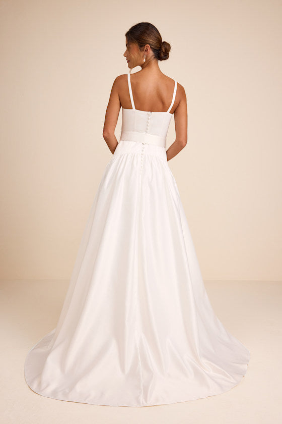 Ellington White Satin Belted Drop Waist Maxi Dress