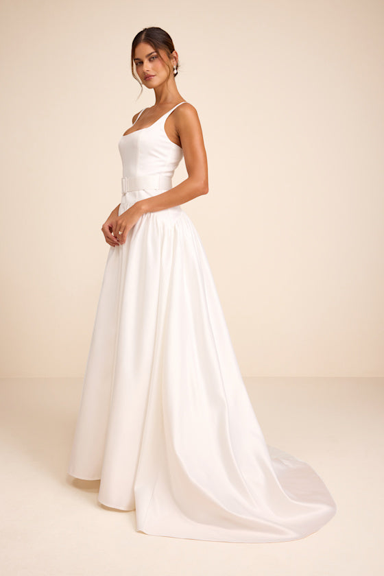 Ellington White Satin Belted Drop Waist Maxi Dress