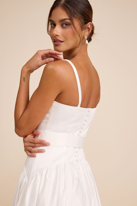 Ellington White Satin Belted Drop Waist Maxi Dress