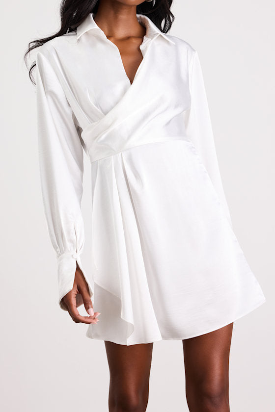 Rumaria White Satin Faux-Wrap Mini Dress