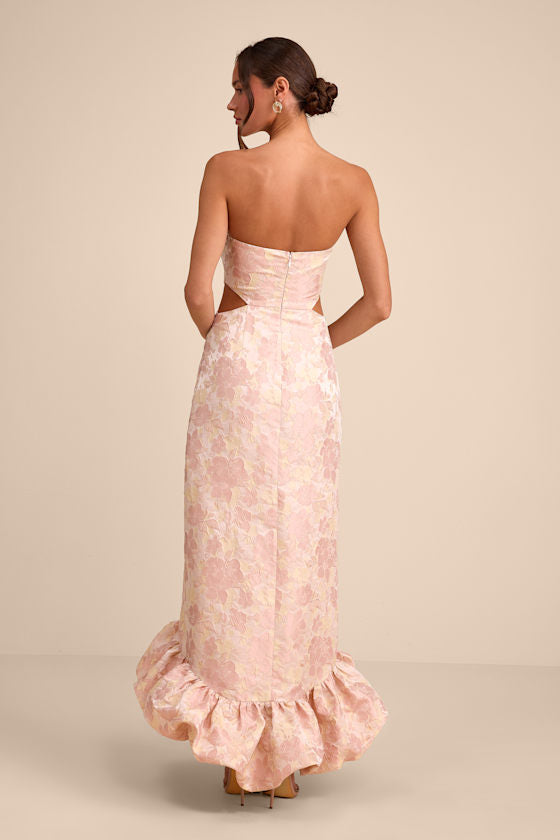 Nathania Blush Floral Jacquard Strapless Bubble-Hem Maxi Dress
