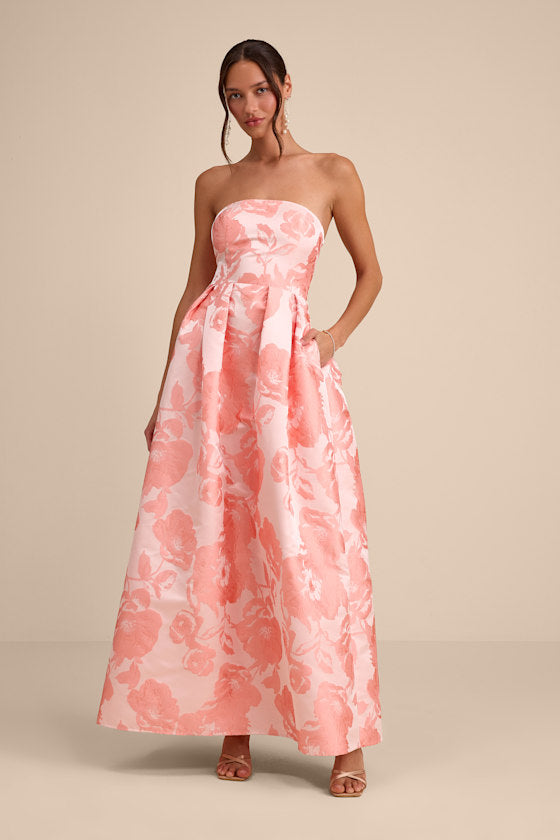 Laurelin Blush Floral Jacquard Pleated Strapless Maxi Dress