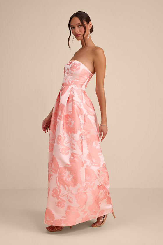 Laurelin Blush Floral Jacquard Pleated Strapless Maxi Dress