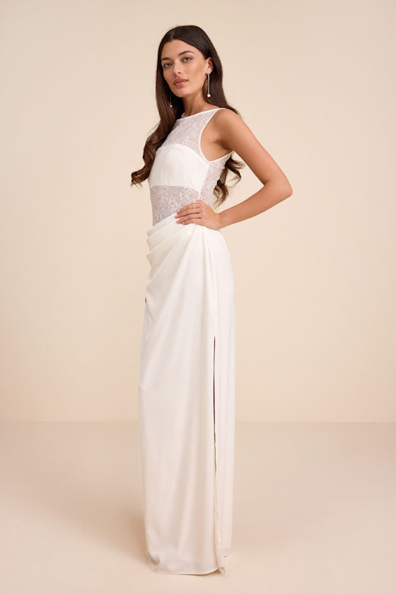 Akasha White Sheer Lace Mixed-Media Maxi Dress