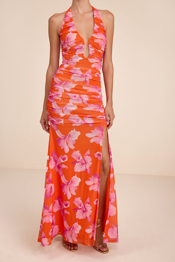 Fiametta Orange and Pink Floral Ruched Maxi Dress