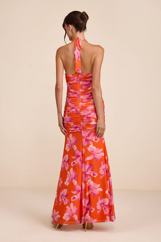 Fiametta Orange and Pink Floral Ruched Maxi Dress