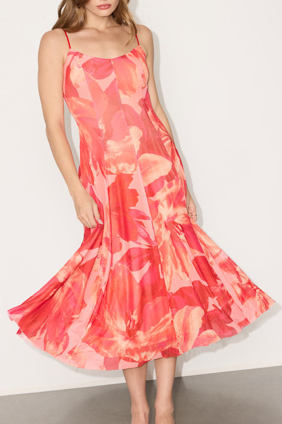 Atori Red Multi Floral Print Mesh Sleeveless Midi Dress