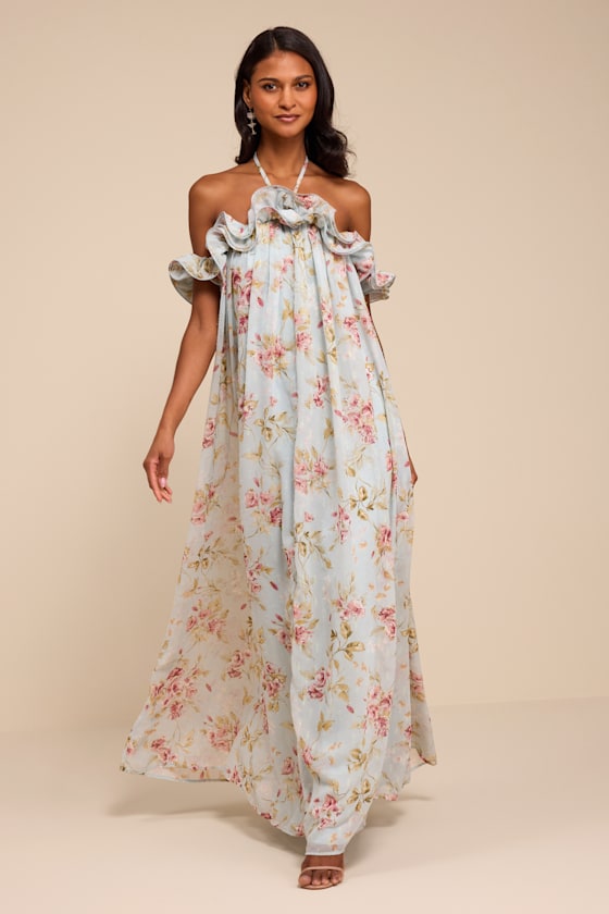 Amia Light Blue Floral Ruffled Shift Maxi Dress