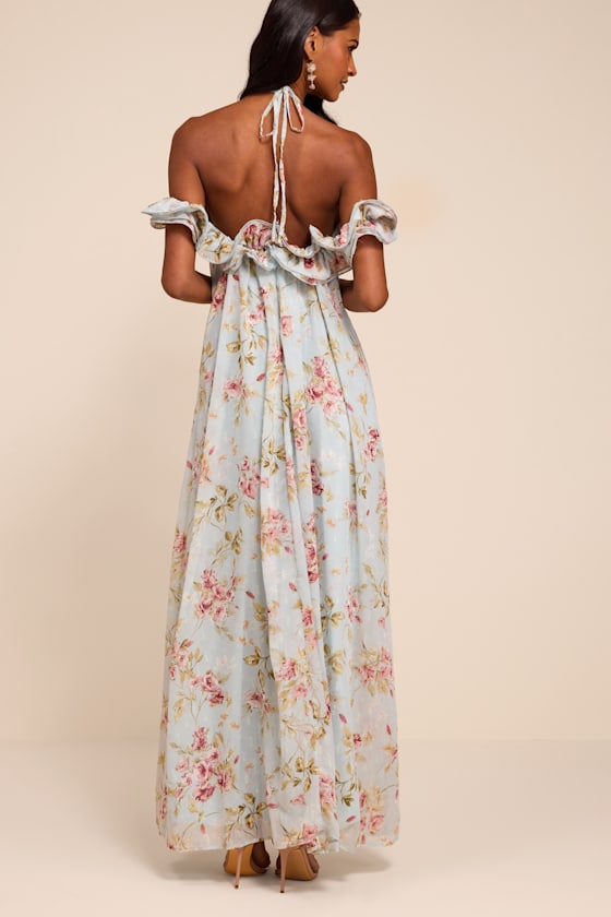 Amia Light Blue Floral Ruffled Shift Maxi Dress