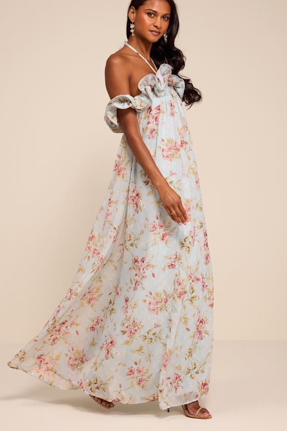 Amia Light Blue Floral Ruffled Shift Maxi Dress