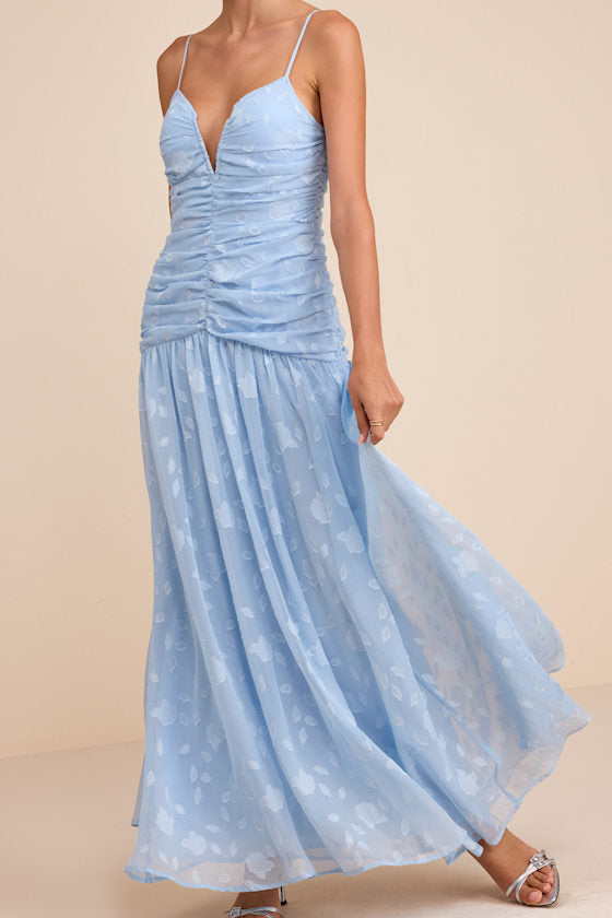 Payton Light Blue Floral Burnout Drop Waist Maxi Dress