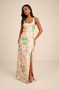 Lamella Pink Multi Floral Jacquard Maxi Dress