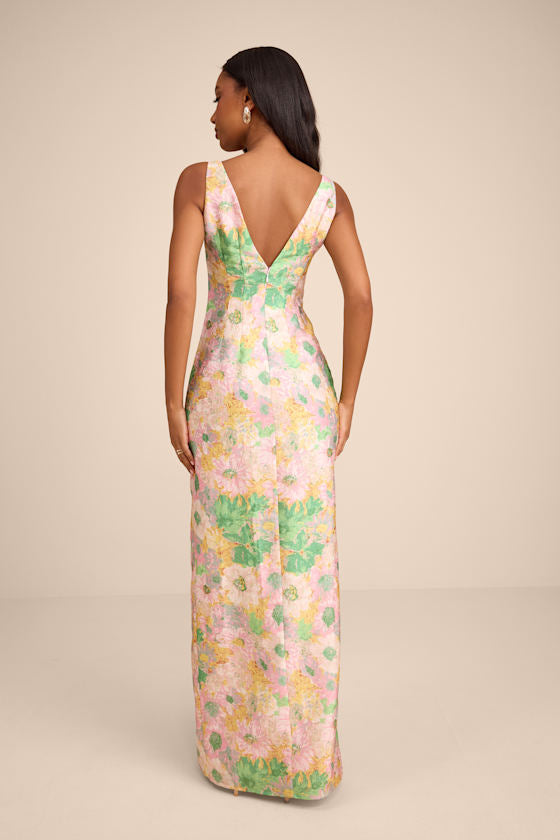 Lamella Pink Multi Floral Jacquard Maxi Dress
