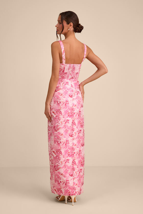 Demina Light Pink Floral Jacquard Bustier Maxi Dress