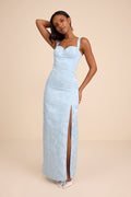 Demina Light Blue Floral Jacquard Bustier Maxi Dress