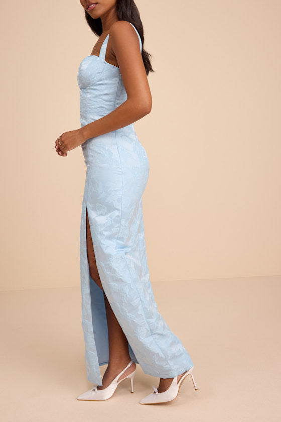 Demina Light Blue Floral Jacquard Bustier Maxi Dress