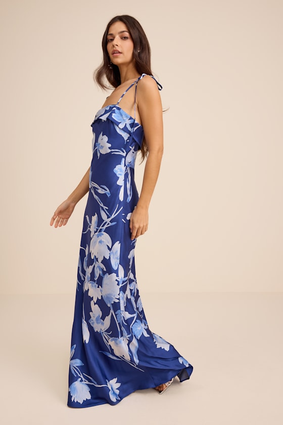 Florine Blue Floral Satin Tie-Strap Maxi Dress
