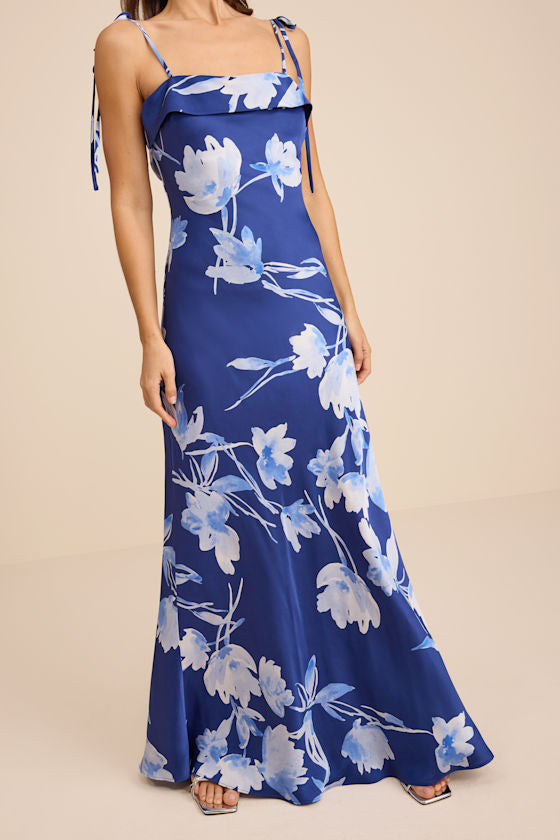 Florine Blue Floral Satin Tie-Strap Maxi Dress