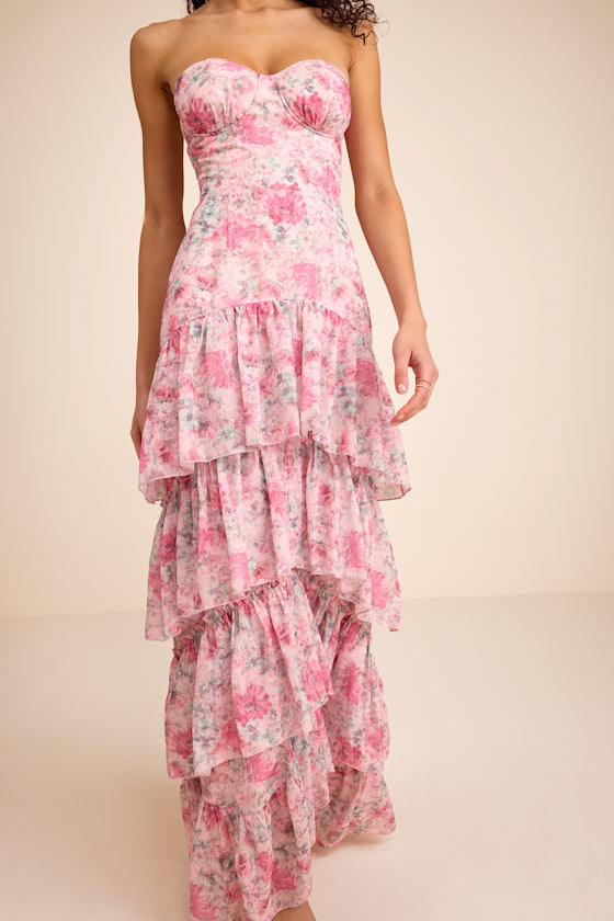 Dessie Light Pink Floral Tiered Maxi Dress