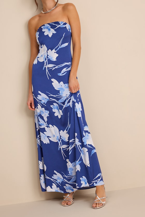 Arisa Blue Floral Satin Strapless Maxi Dress