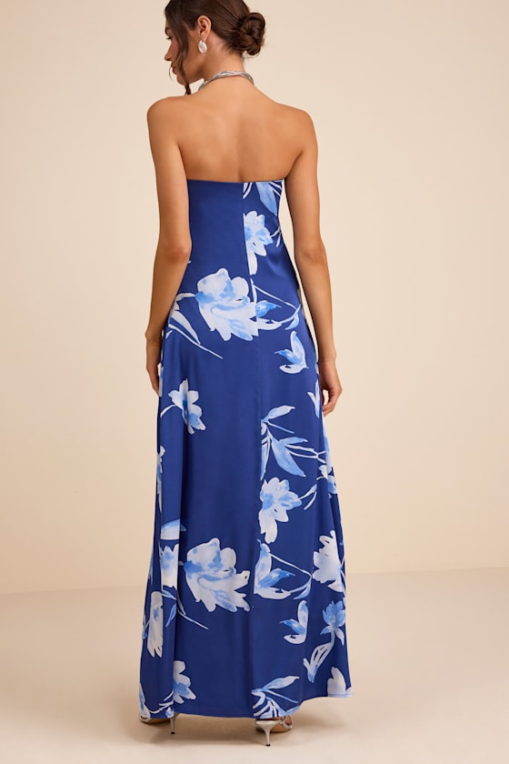 Arisa Blue Floral Satin Strapless Maxi Dress