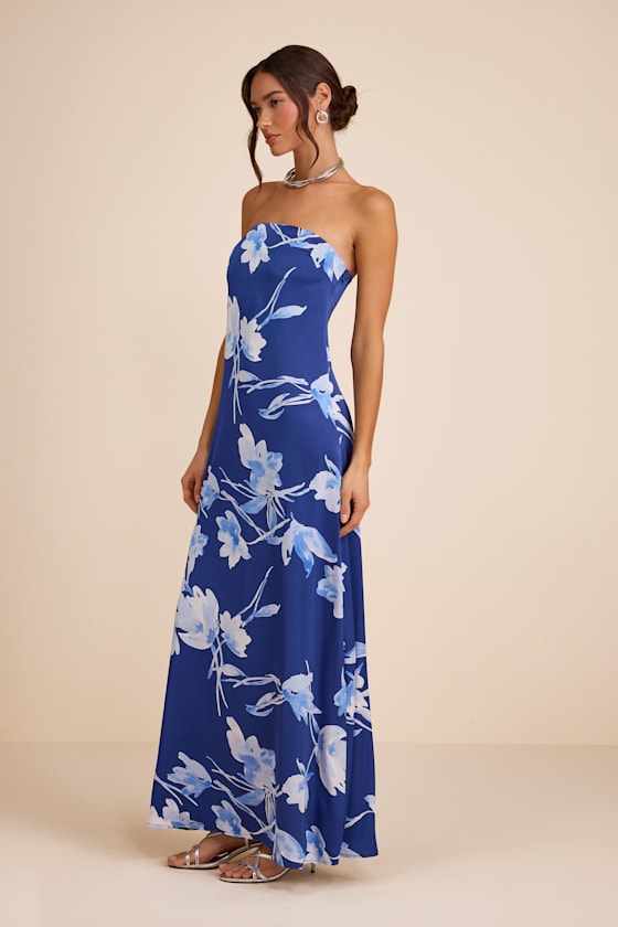 Arisa Blue Floral Satin Strapless Maxi Dress