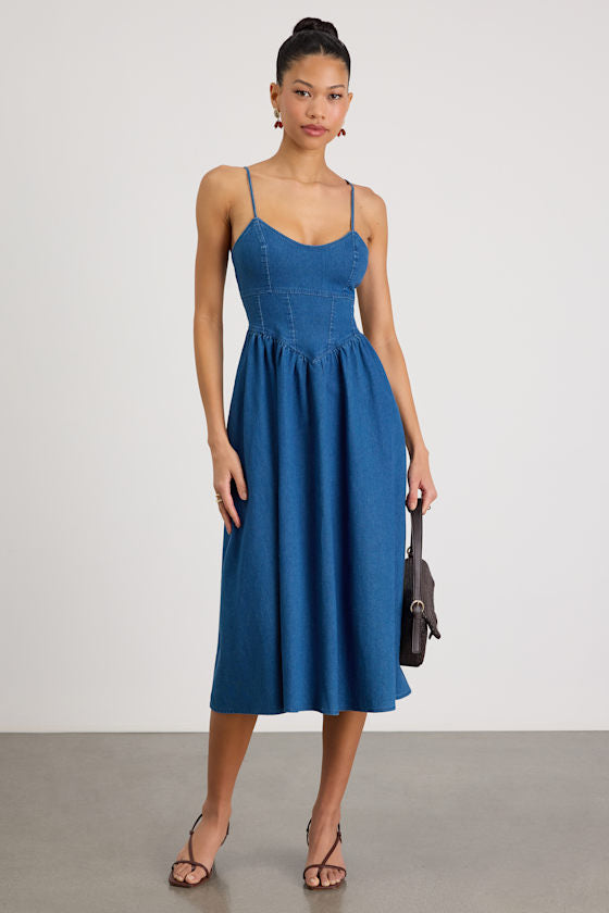 Londrina Medium Wash Denim Basque Waist Midi Dress