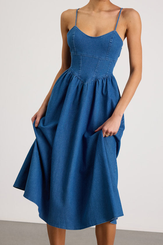 Londrina Medium Wash Denim Basque Waist Midi Dress