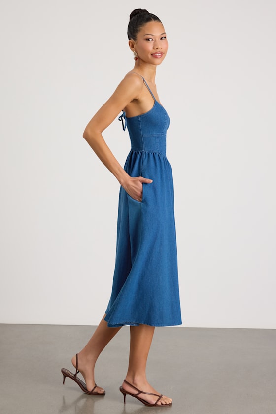 Londrina Medium Wash Denim Basque Waist Midi Dress