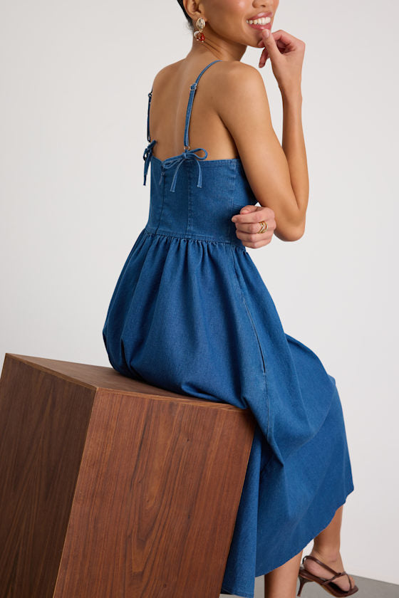 Londrina Medium Wash Denim Basque Waist Midi Dress