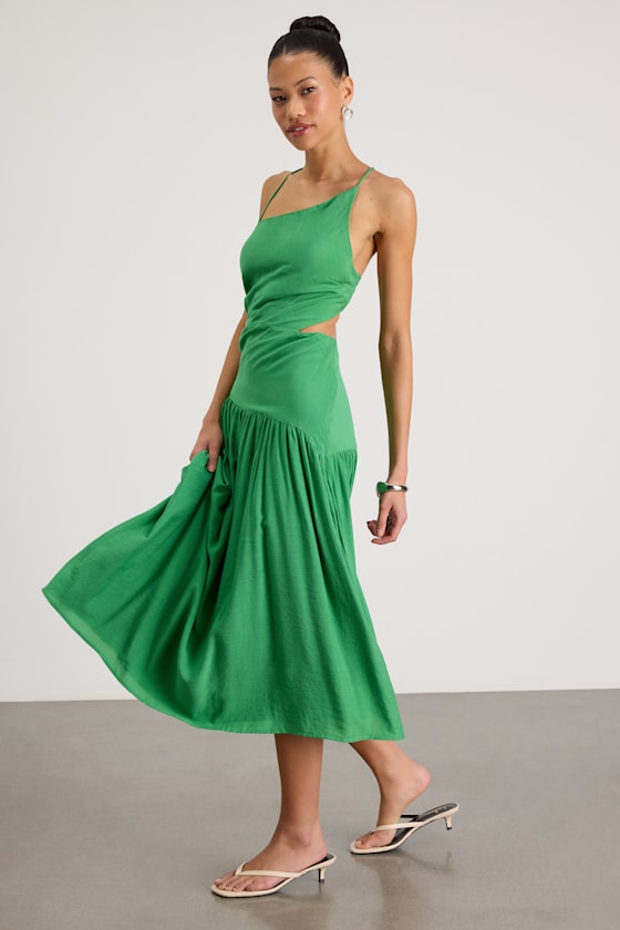 Jedda Green Drop Waist Lace-Up Midi Dress