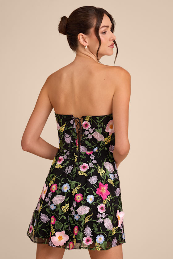 Caprice Black Multi Floral Embroidered Mini Dress