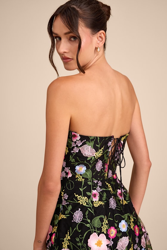 Caprice Black Multi Floral Embroidered Mini Dress