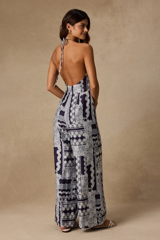 Arlee Navy and White Lace Print Wide-Leg Jumpsuit