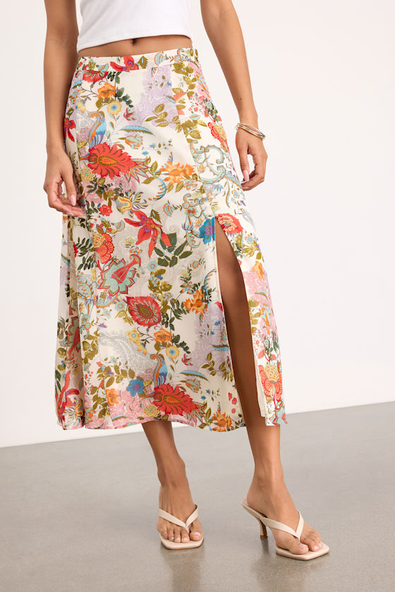 Bliss Me Ivory Multi Floral Print Midi Skirt
