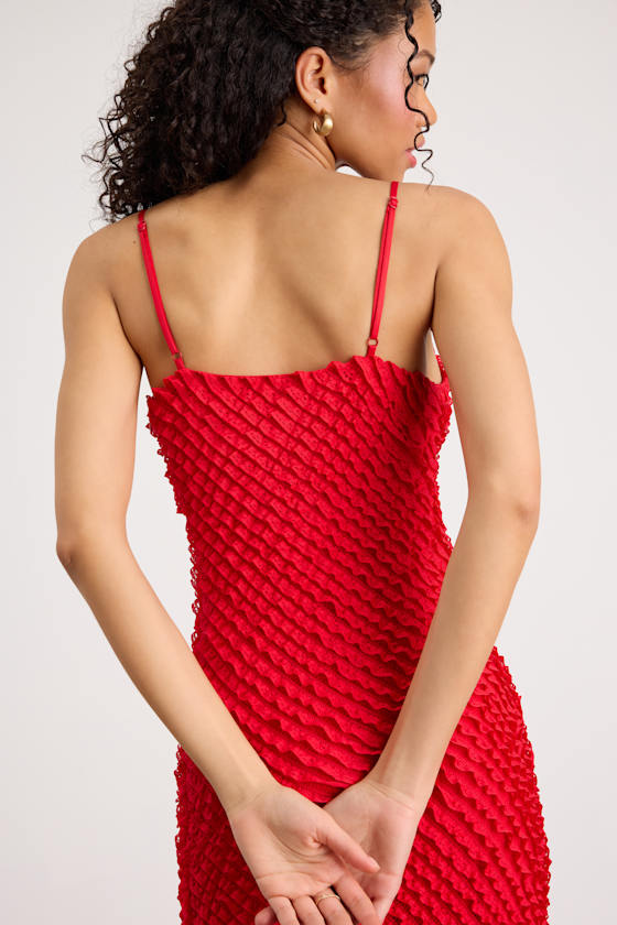 Noria Red Ruffled Lace Slip Midi Dress