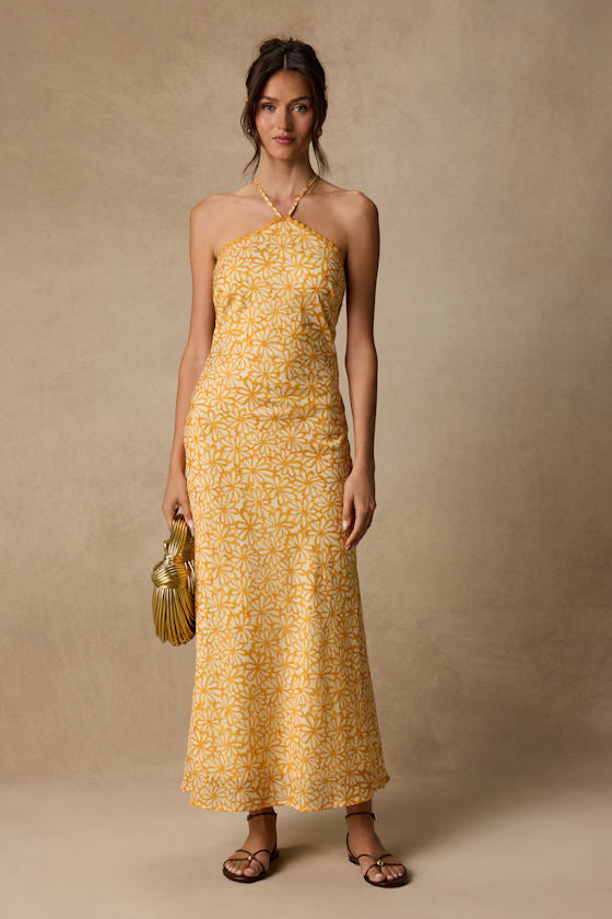 Enola Yellow Floral Halter Midi Dress